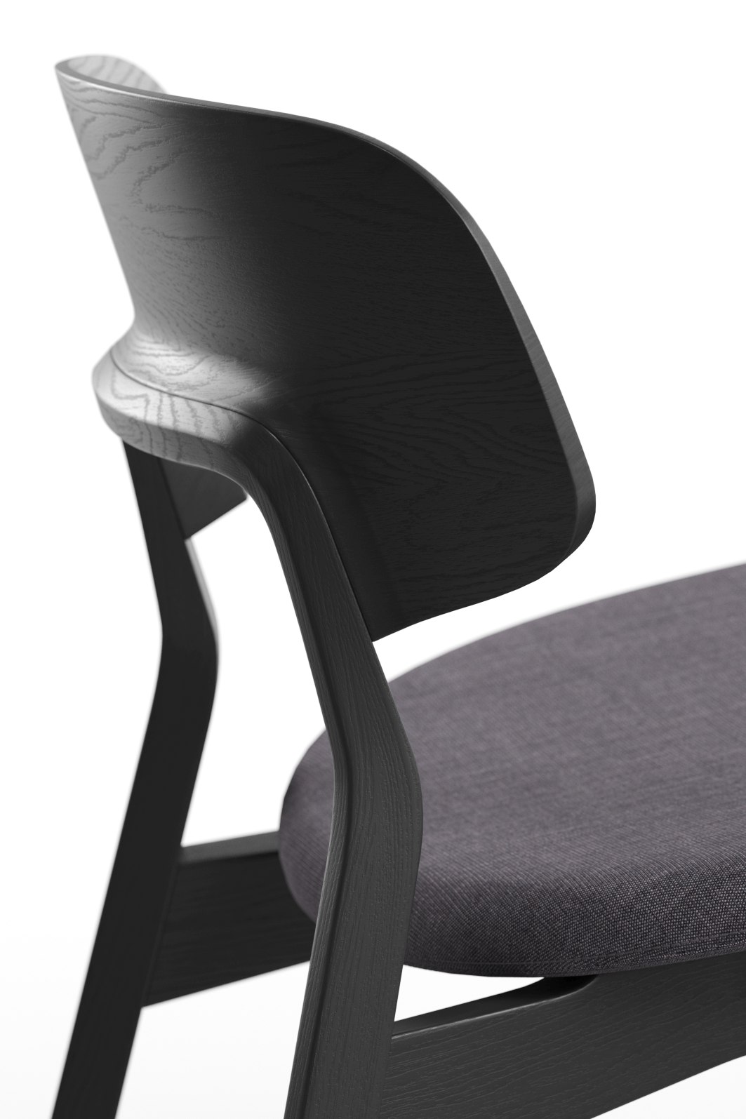Detailaufnahme des Nonoto Lounge Chair Cocktailsessels mit Sitzpolster in dunklem Holz und grauem Stoffbezug.