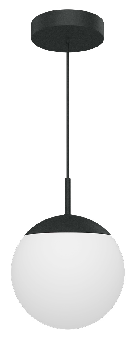 Nahaufnahme der Mooon Pendelleuchte von Fermob, modernes Design mit schwarzem Baldachin und weißem, kugelförmigem Lampenschirm.