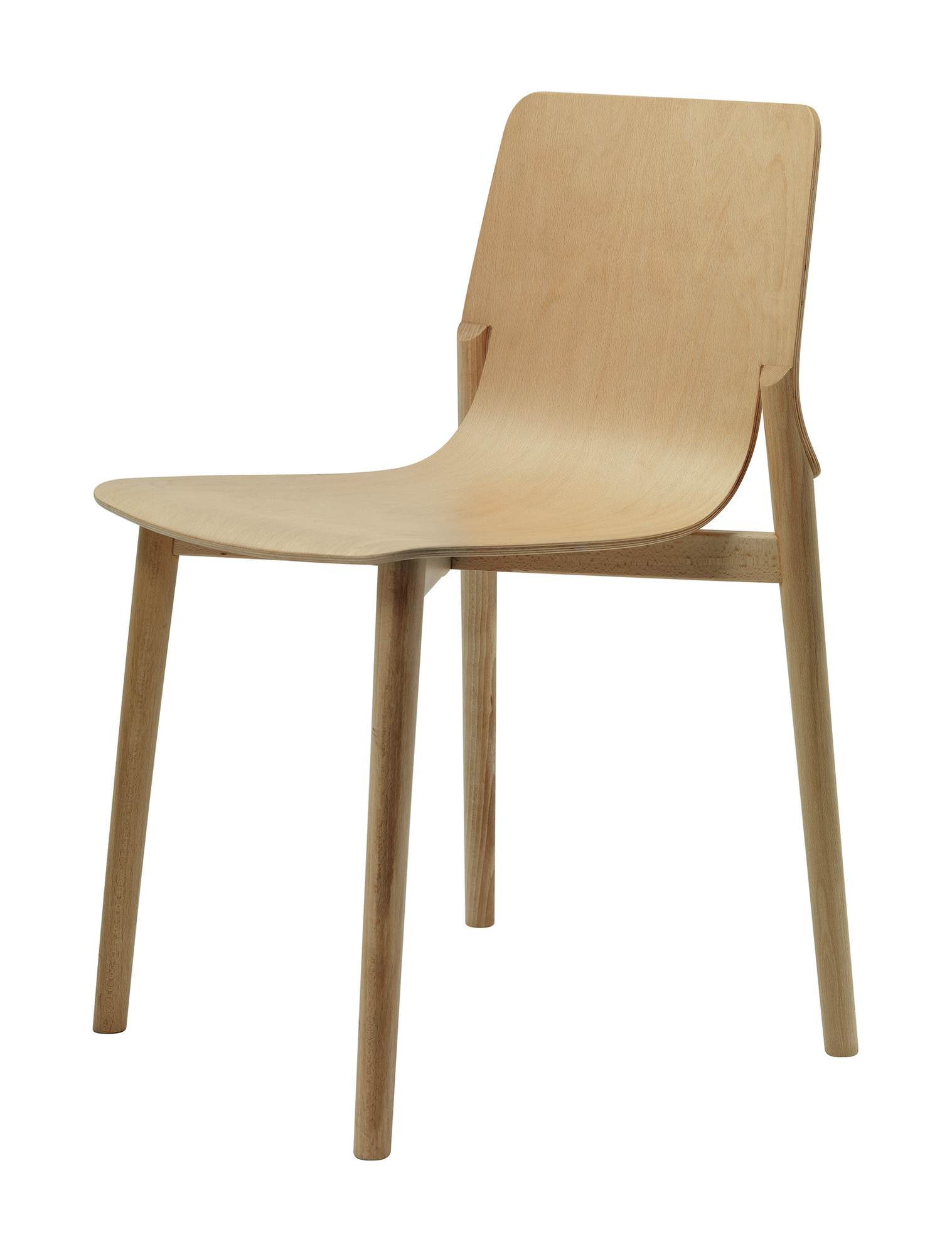 Kayak Holzstuhl: Moderner Holzstuhl mit vier Beinen und ergonomischer Sitzfläche für Esszimmer und Büro.