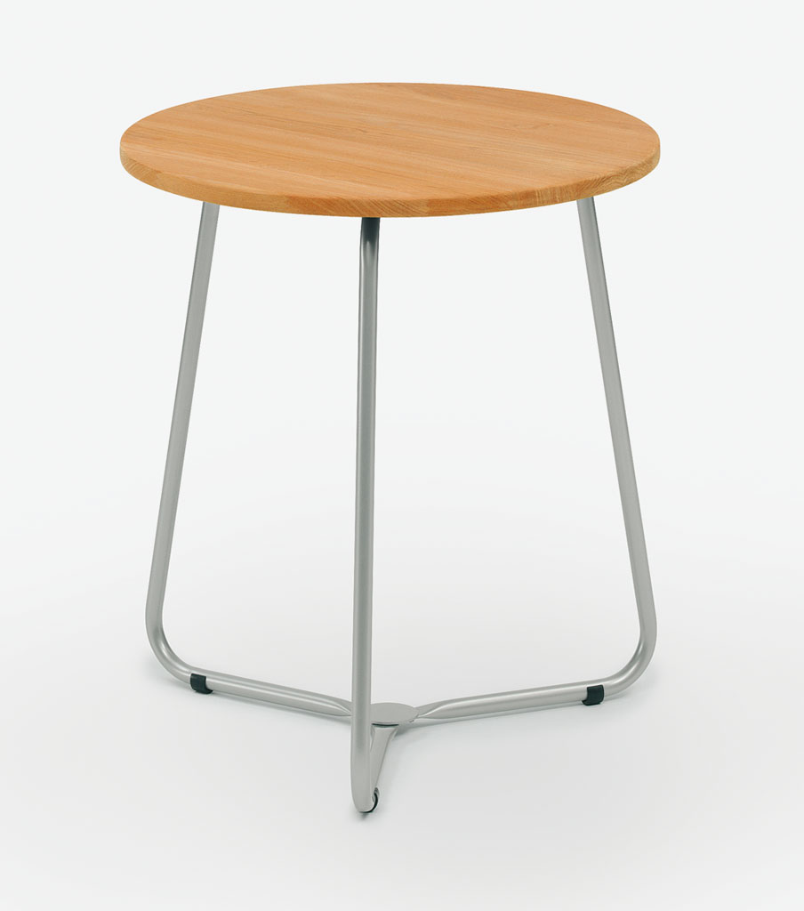 Weishäupl Bistrotisch für Balkon: Runder Holztisch mit filigranem Edelstahlgestell, ideal für kleine Außenbereiche.