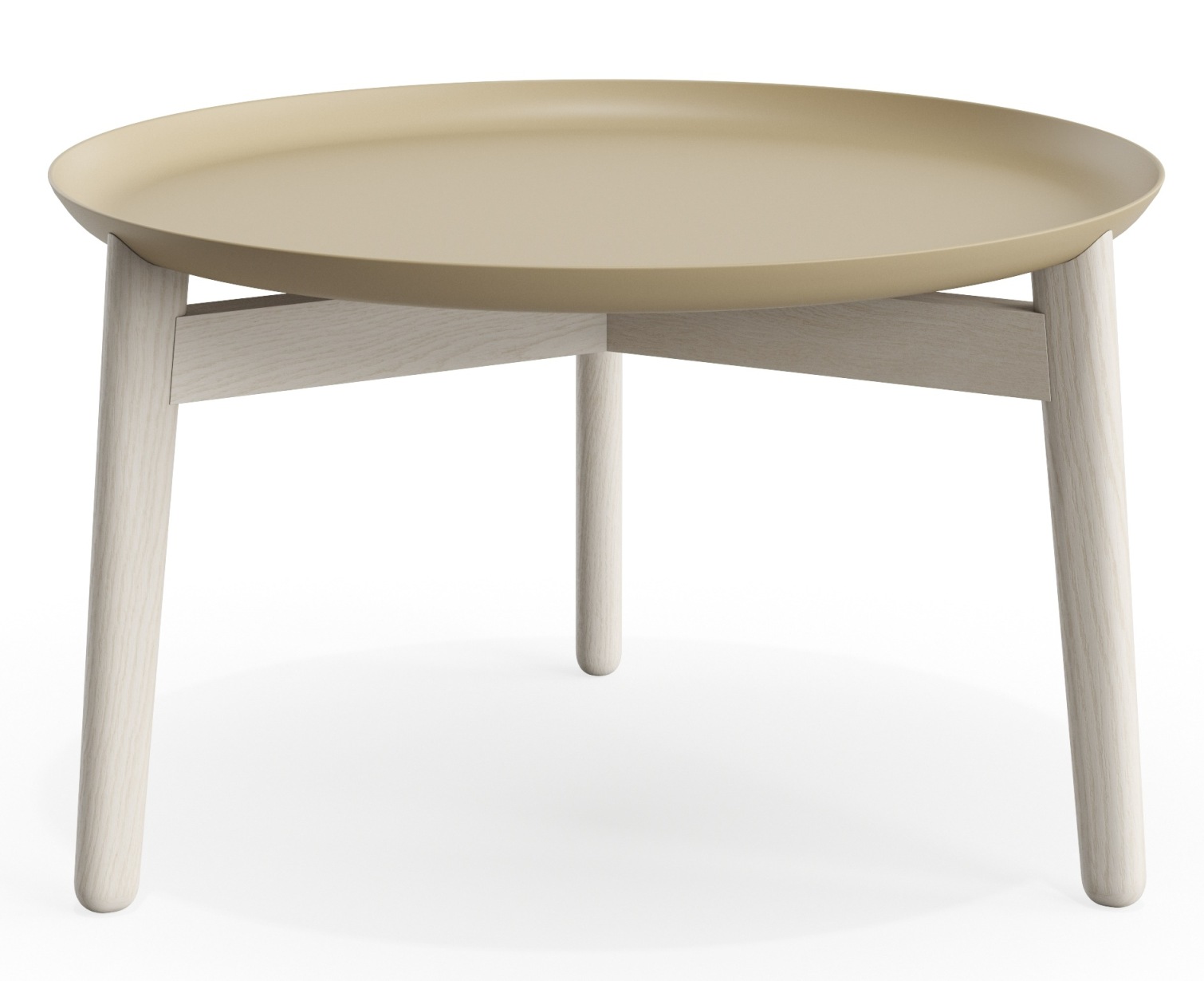 Plaisir 2 Beistelltisch von Zeitraum, runder, niedriger Tisch mit Aluminiumplatte in Beige und hellem Holzgestell.