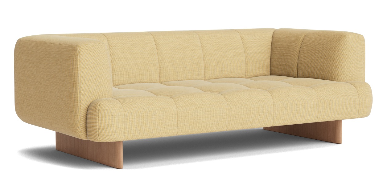 Beiges Quilton Lift Sofa 2-Sitzer von Hay mit gesteppter Sitzfläche und Holzfüßen im modernen Design.