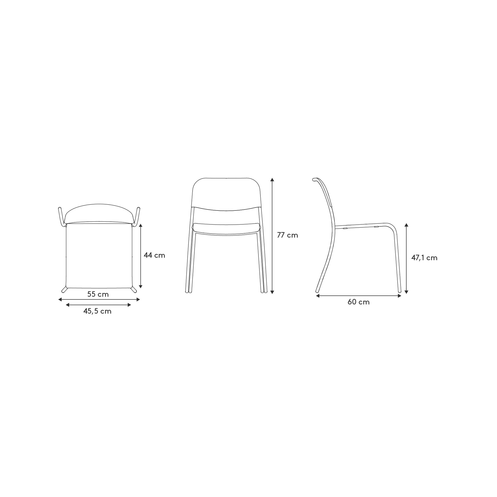 Yua Chair Stuhl Outdoor Blomus Silk gray, technische Zeichnung mit Maßangaben in Zentimetern.