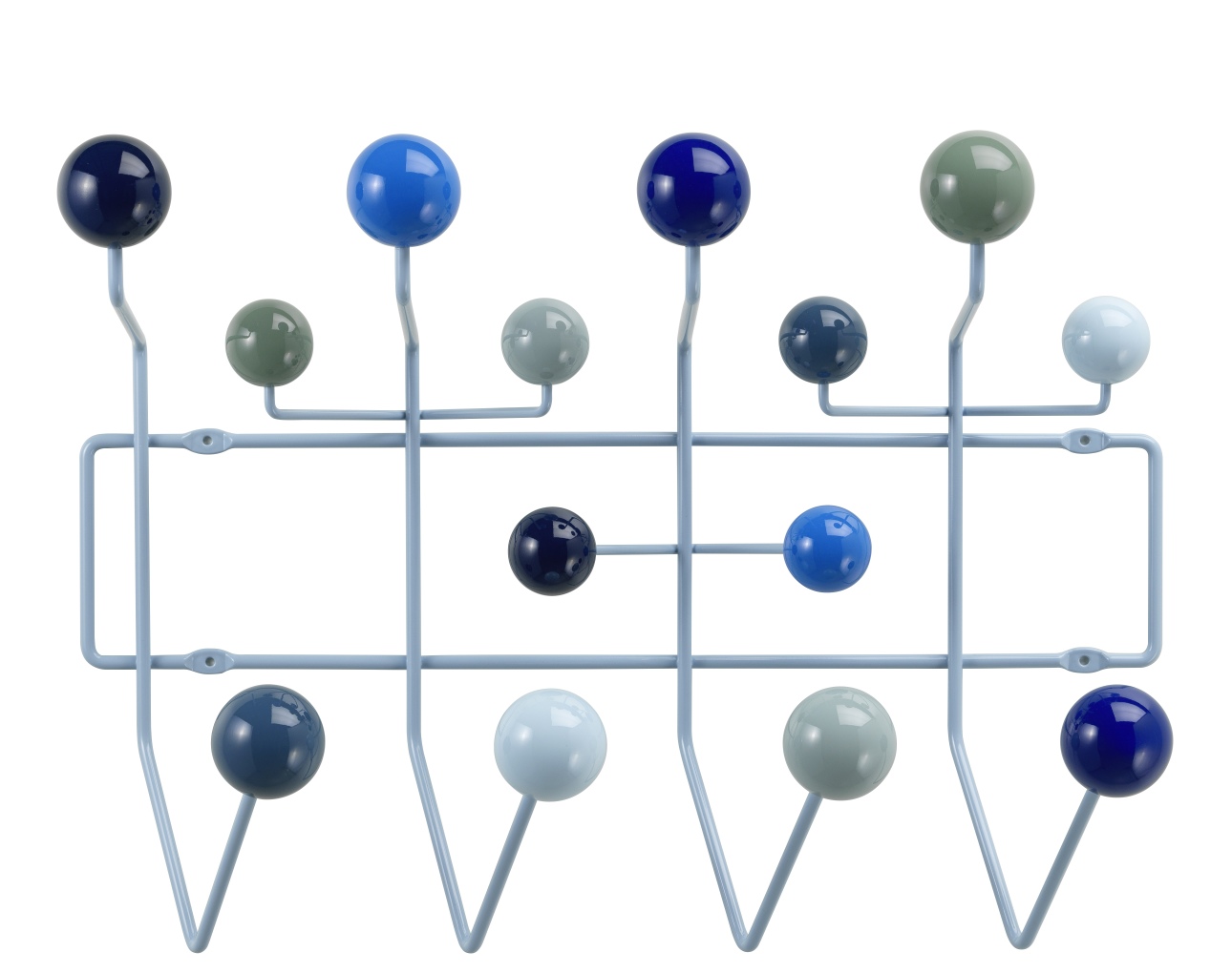 Eames Hang it all Garderobe Kühl von Vitra mit bunten Kugeln und blauem Rahmen.