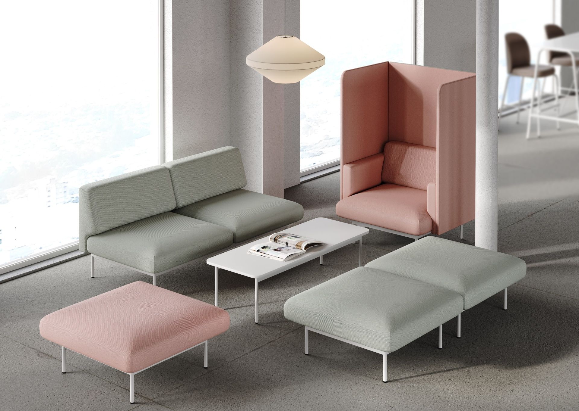 Bejot fora FR 100 Ottoman in Rosa, Teil einer modernen Bürolandschaft mit Sofa und Sessel.