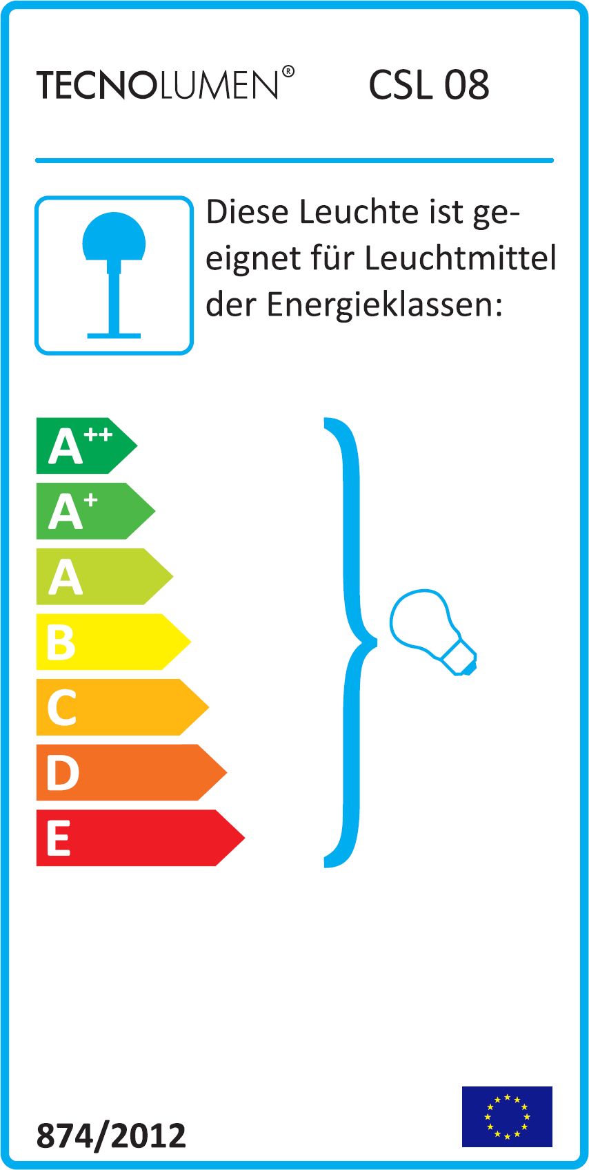 Energielabel für Tecnolumen CSL 08 Leuchte, Energieeffizienzklasse A++ bis E, geeignet für verschiedene Leuchtmittel.