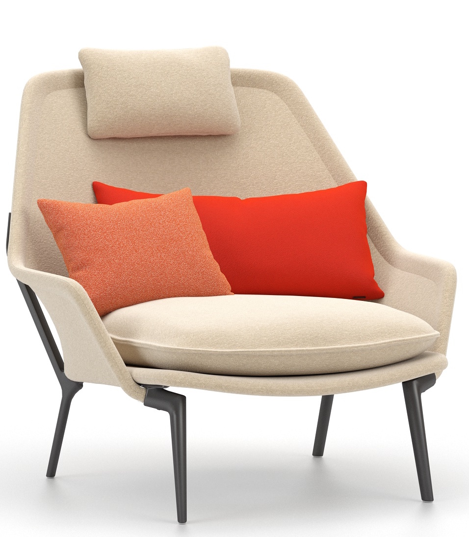 Vitra Slow Chair Sessel mit Stoffbezug in Beige und roten Zierkissen, modernes Design.