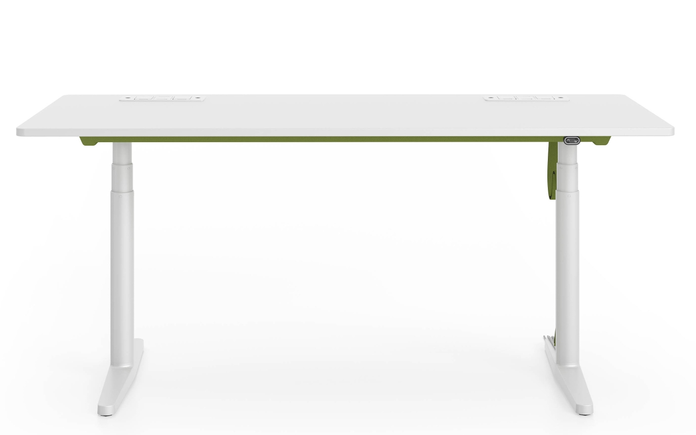Vitra Tyde Steh-Sitz-Tisch, 160 cm breit, weiße Tischplatte mit grüner Unterseite und weißen Beinen.