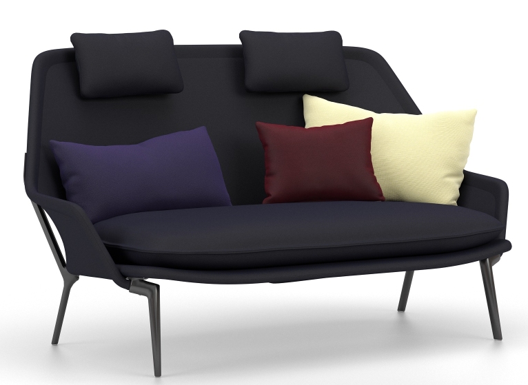 Vitra Slow Sofa aus Stoff in Dunkelblau mit farbigen Kissen und Kopfstützen für Wohnzimmer.