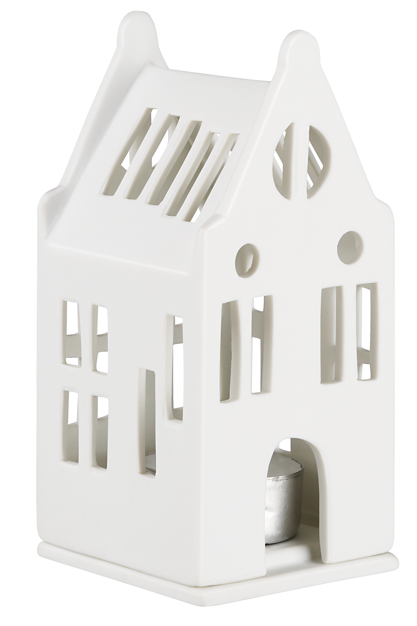 Weißes Mini Lichthaus Herrenhaus aus Keramik mit Teelicht für stimmungsvolle Beleuchtung und Dekoration.