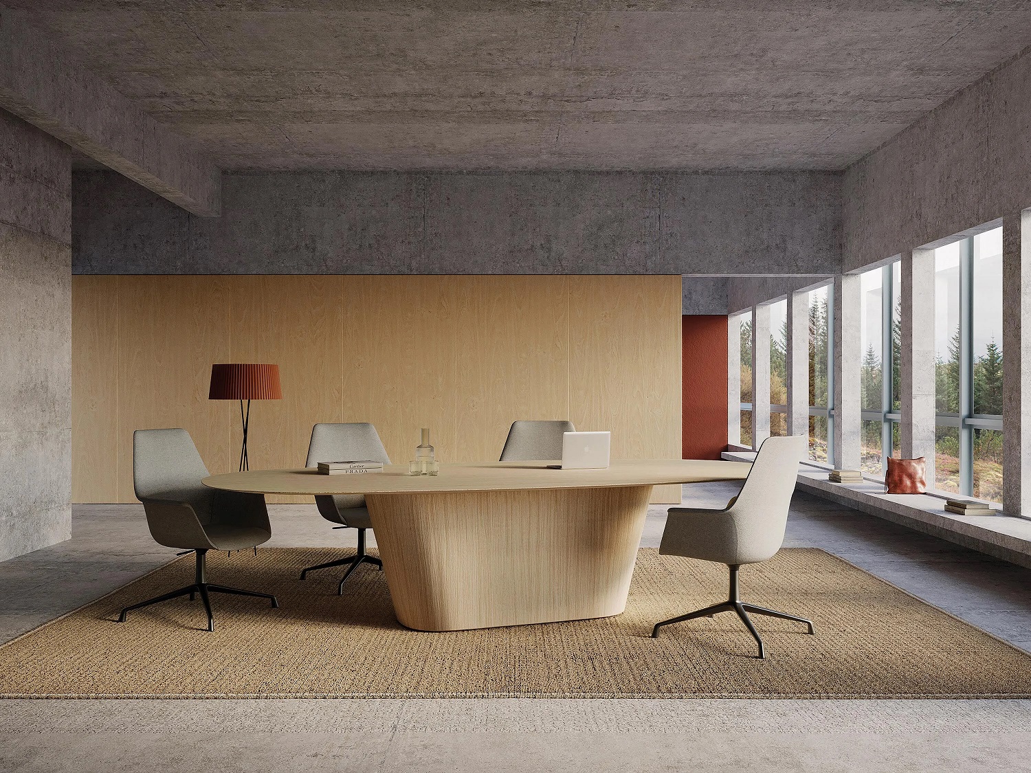 Gala Executive Bürodrehstühle von Andreu World um einen ovalen Holztisch in modernem Konferenzraum.