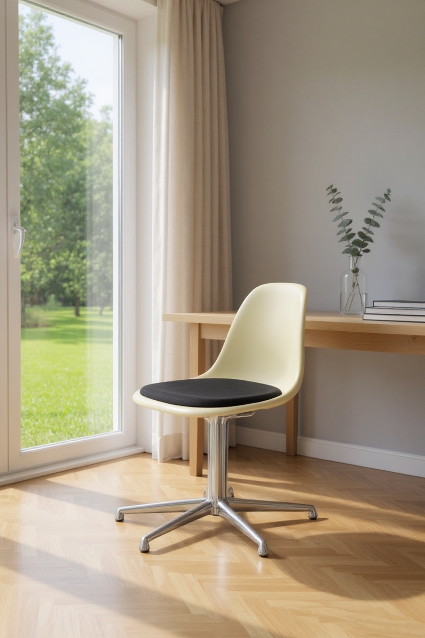 Eames Stuhl mit Sitzpolster von Vitra, Fiberglas Schale in Creme, Chromgestell, modernes Design.