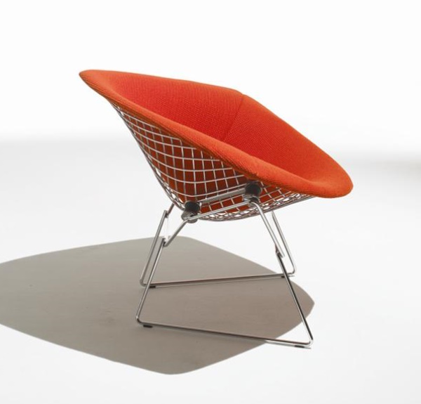 Oranger Diamond Sessel von Knoll International mit verchromtem Drahtgestell und Stoffbezug.
