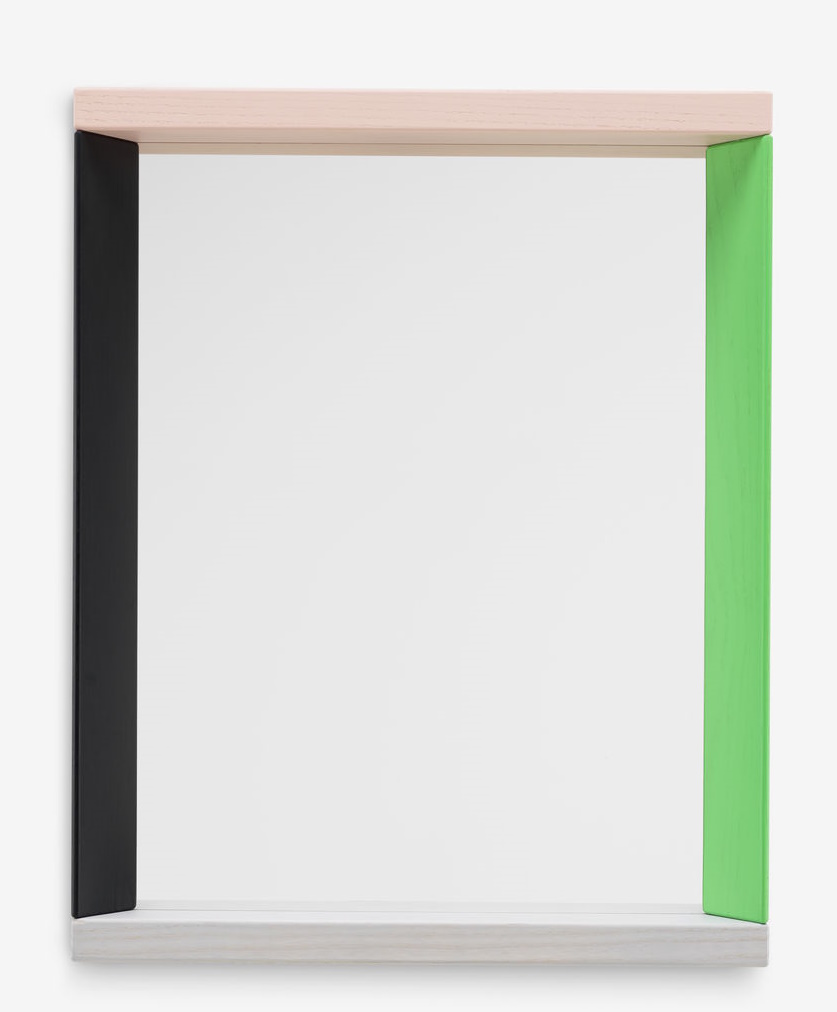 Vitra Colour Frame Spiegel mit farbigem Rahmen in Schwarz, Grün und Naturholz.