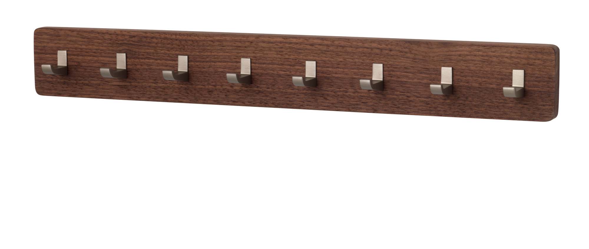 Schönbuch Key Bar Schlüsselhakenleiste aus Nussbaumholz mit acht silbernen Haken für Schlüssel, Jacken und Accessoires.