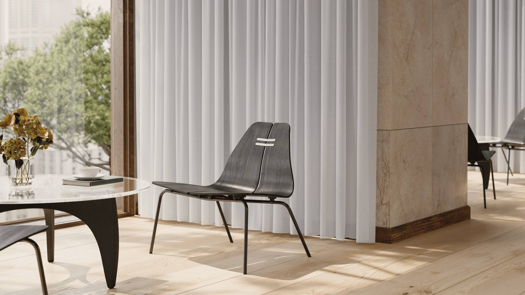 PK23 Sessel von Fritz Hansen, minimalistisches Design mit Holzschale und Stahlgestell in modernem Interieur.