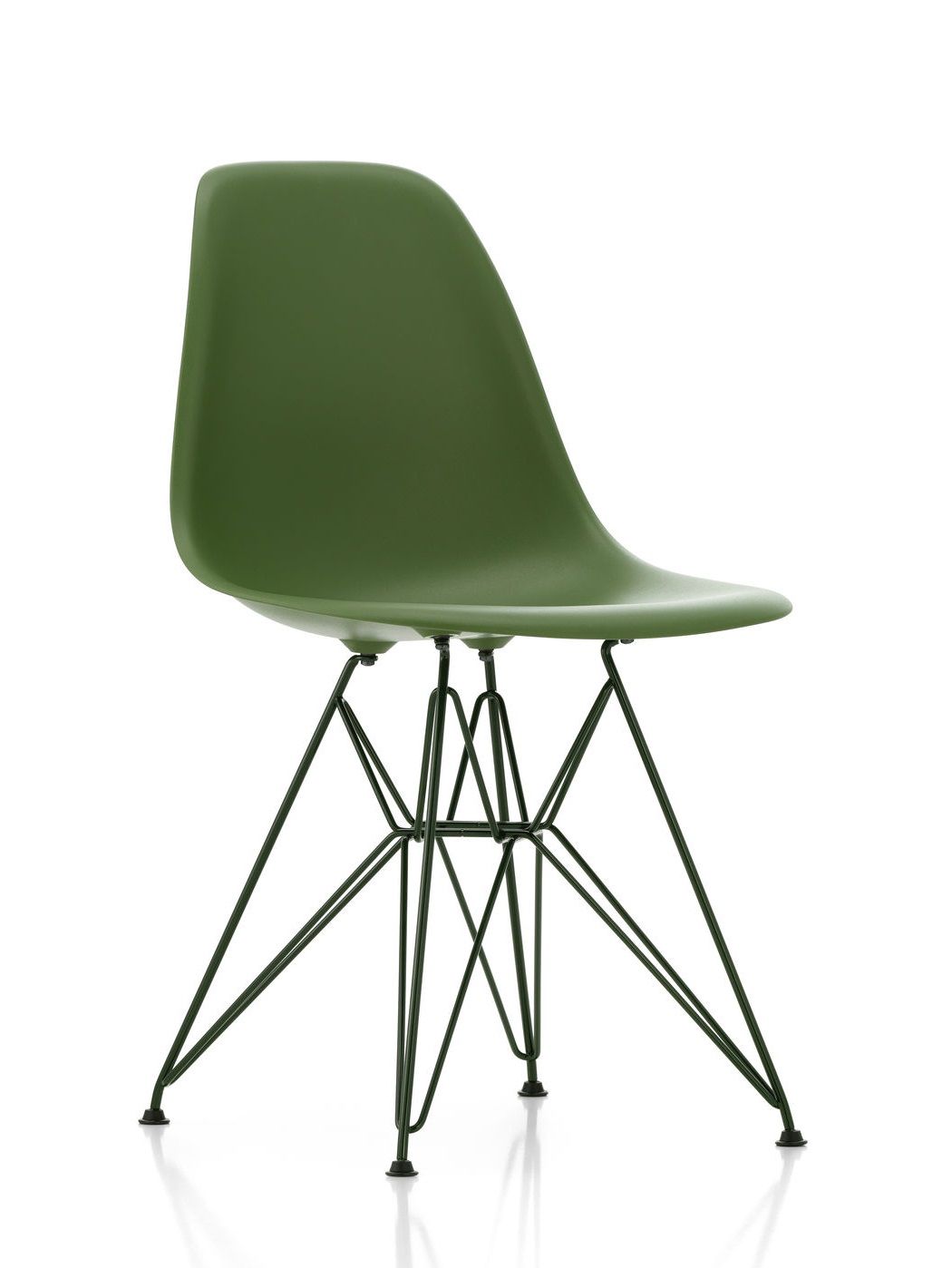 Vitra Eames DSR Stuhl aus Fiberglas in Olivgrün mit verchromtem Drahtgestell, seitliche Ansicht.
