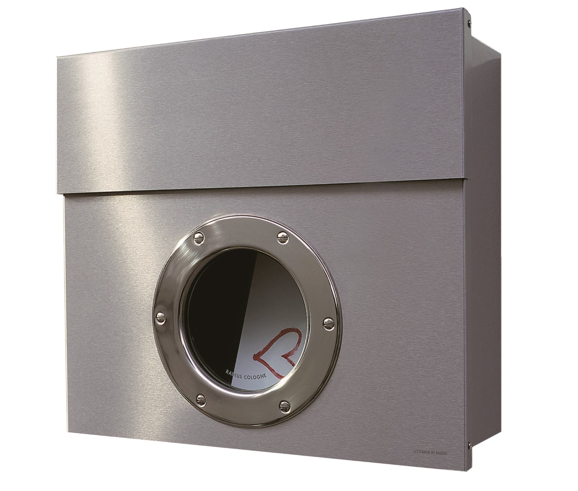 Letterman Briefkasten Radius aus Edelstahl mit Bullauge und eingeworfener Post, modernes Design für Haus und Garten.