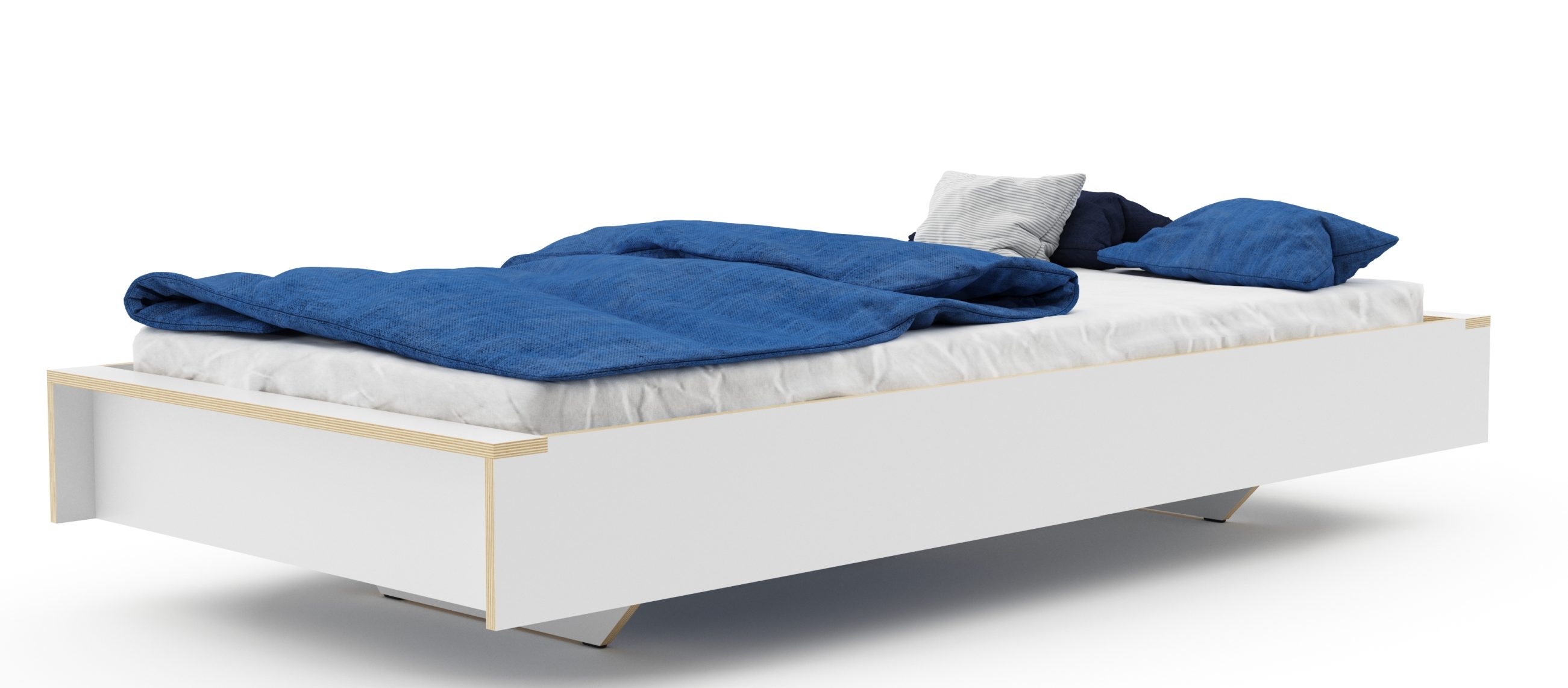 Weißes Flai Bett von Müller Möbelwerkstätten mit blauer Bettwäsche und Kissen. Modernes Design.