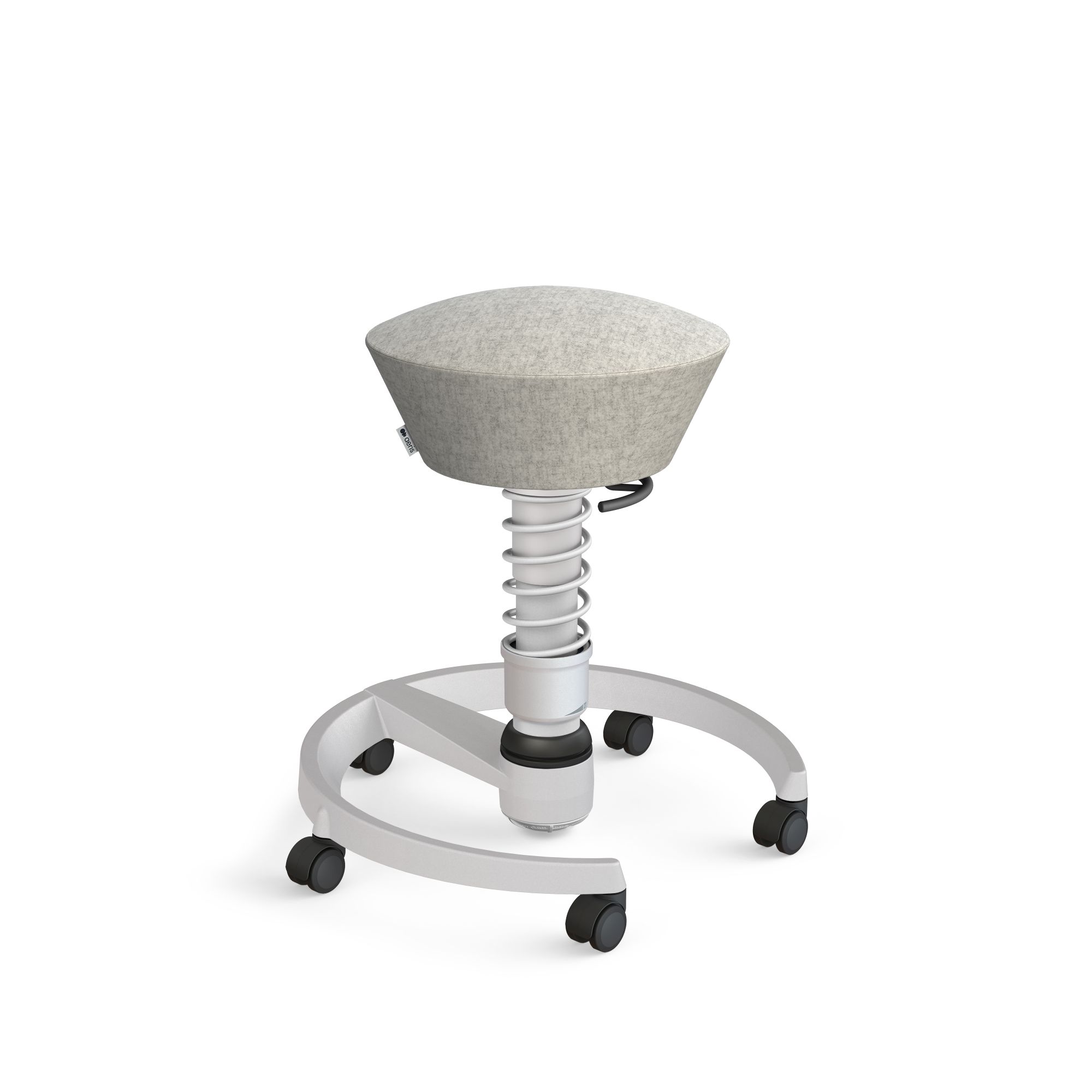 Aktiv-Sitzhocker mit grauem Bezug, weißem Gestell und Rollen für ergonomisches Sitzen im Büro.