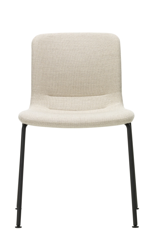 Vitra Hal Stuhl mit Stoffbezug in Beige und schwarzem Metallgestell, stapelbarer Designstuhl.