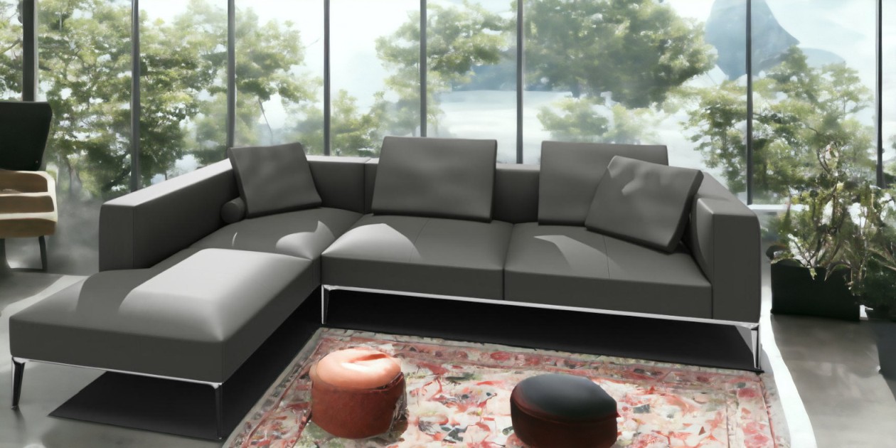 Jaan Living Sofa: Graues Ledersofa mit Kissen und Rollen, modernes Wohnzimmer Design.