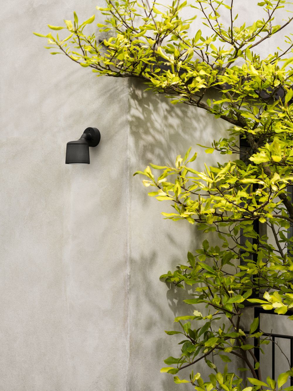 Schwarzer Vipp Outdoor Wandspot an einer grauen Wand, umgeben von einem Baum mit grünen Blättern.