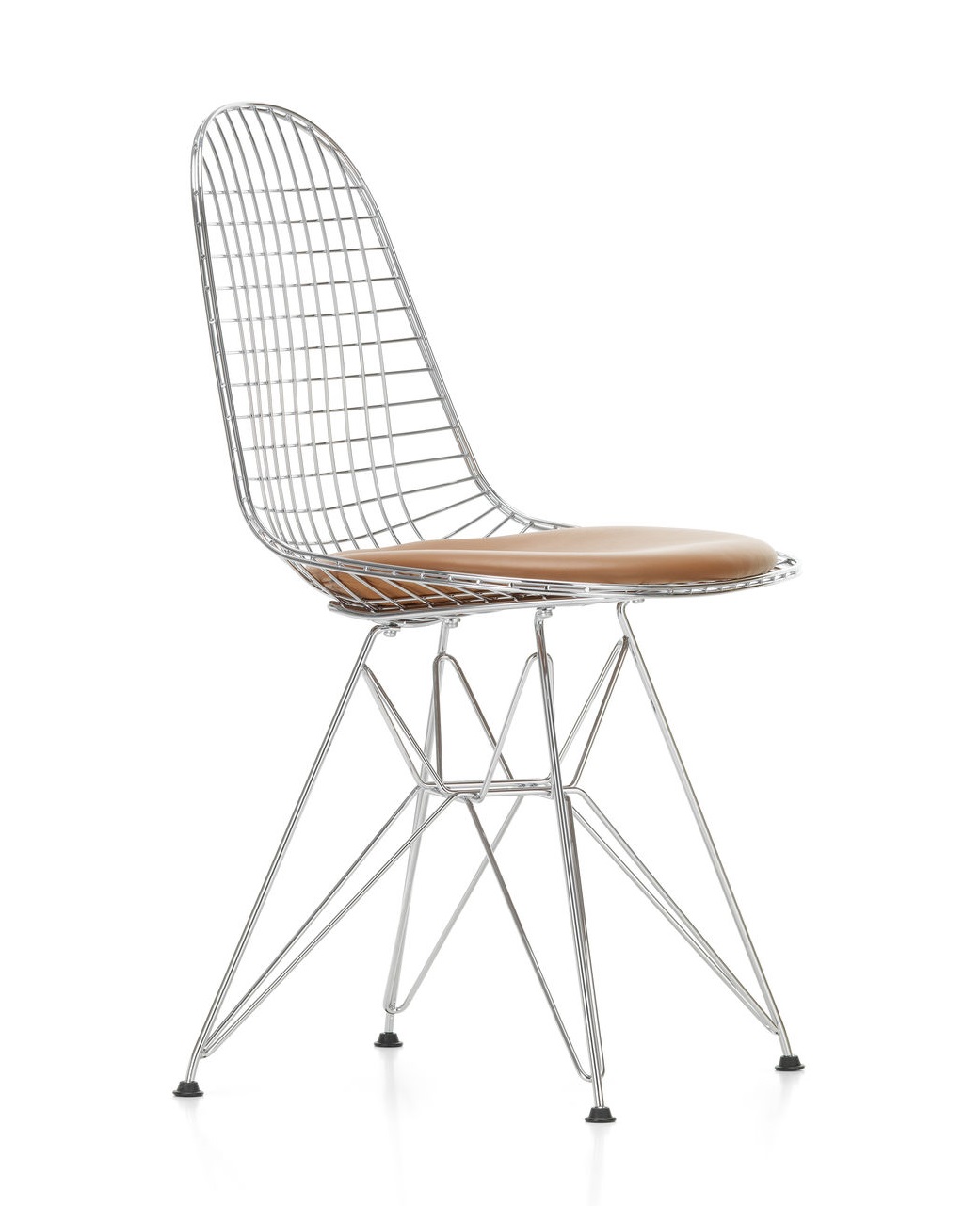 Vitra DKR-5 Wire Chair Stuhl mit braunem Sitzkissen, verchromtes Drahtgestell und filigranem Design.