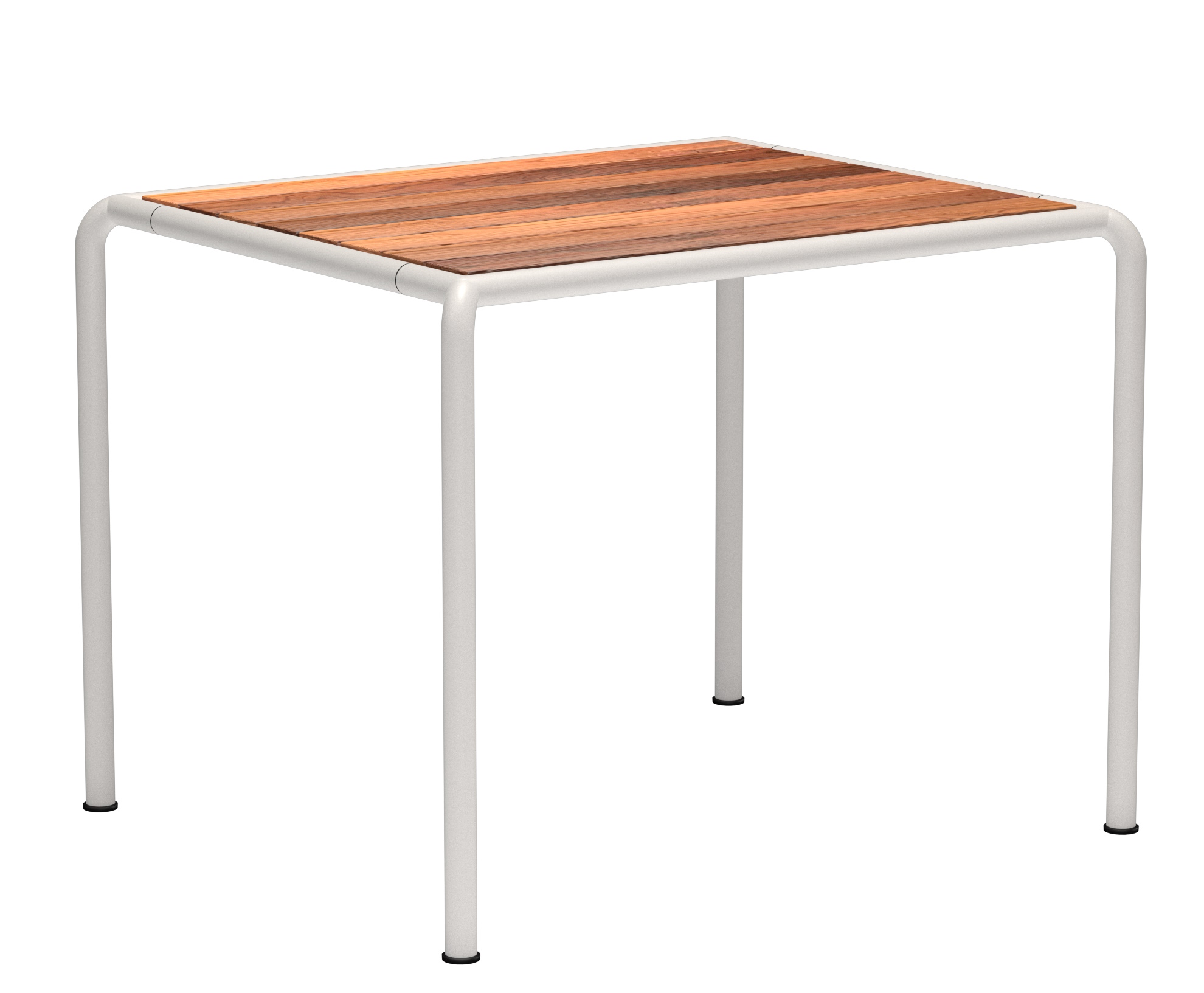 Quadratischer Avanti Esstisch von Houe für den Außenbereich mit Holzplatte und weißem Metallgestell.