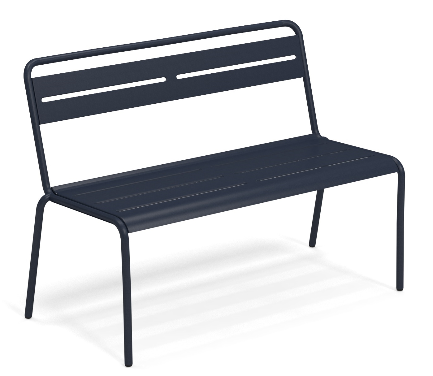 Blaue Emu Star Bank für den Außenbereich, moderne Gartenbank aus Metall mit Rückenlehne.