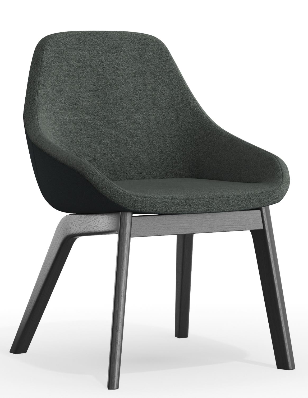 Morph Dining Chair Stuhl Zeitraum mit grauem Stoffbezug und dunklem Holzgestell, Ansicht von vorne.