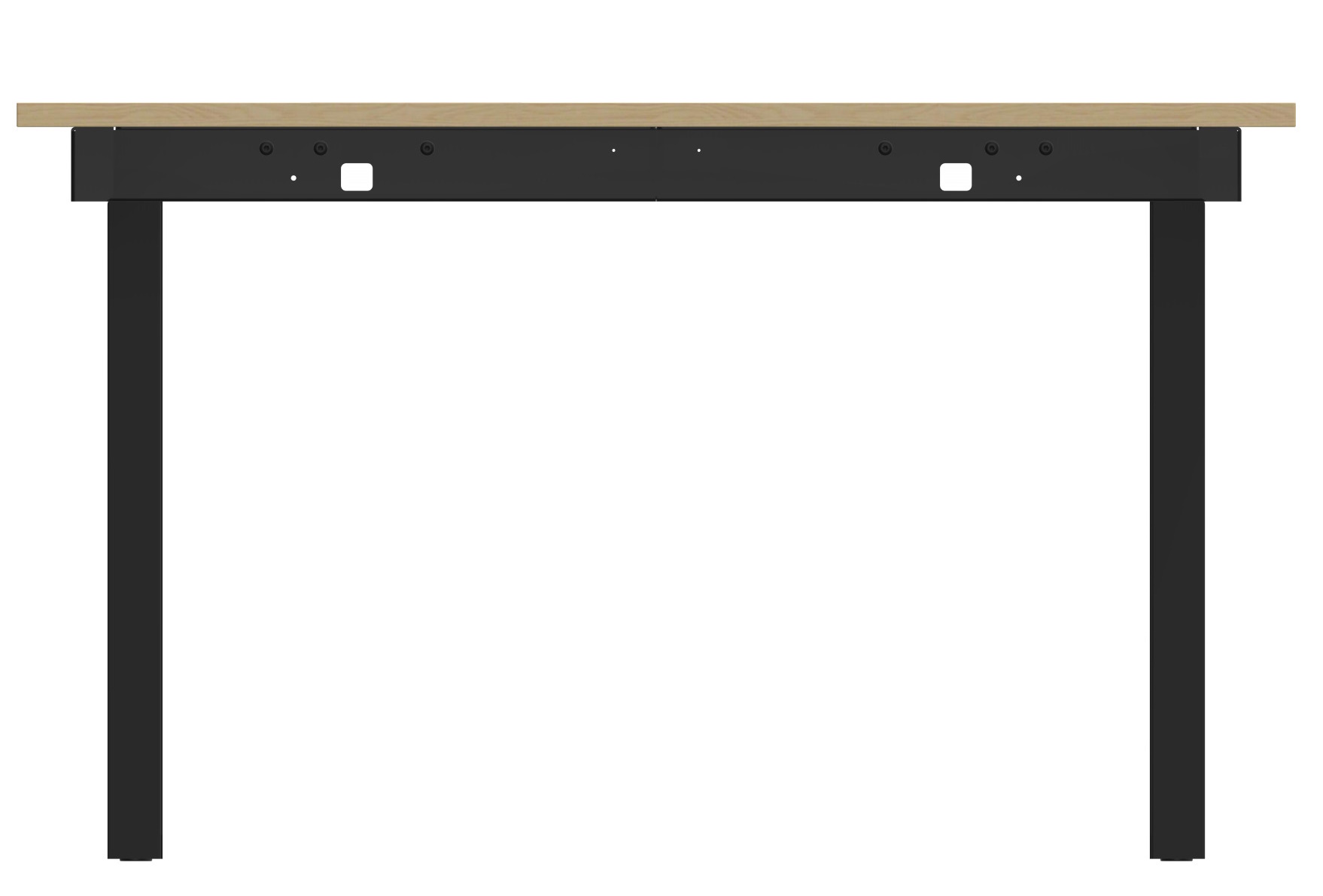Wordesk Table Schreibtisch von String Furniture mit hellbrauner Tischplatte und schwarzem Metallgestell, Frontansicht.