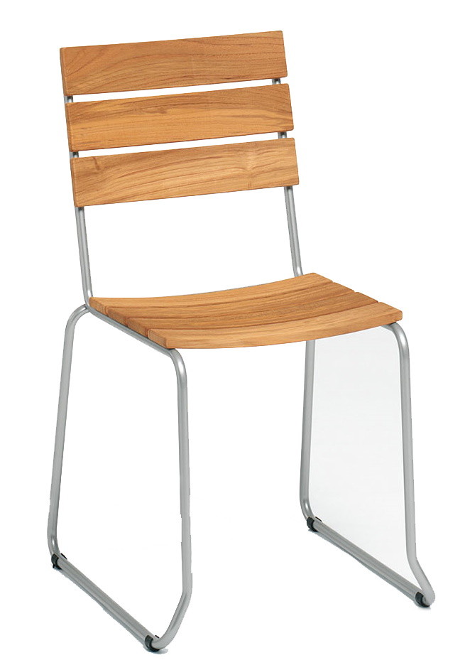 Balcony Outdoor Stuhl aus Teakholz von Weishäupl mit silbernem Gestell, ideal für Balkon und Garten.