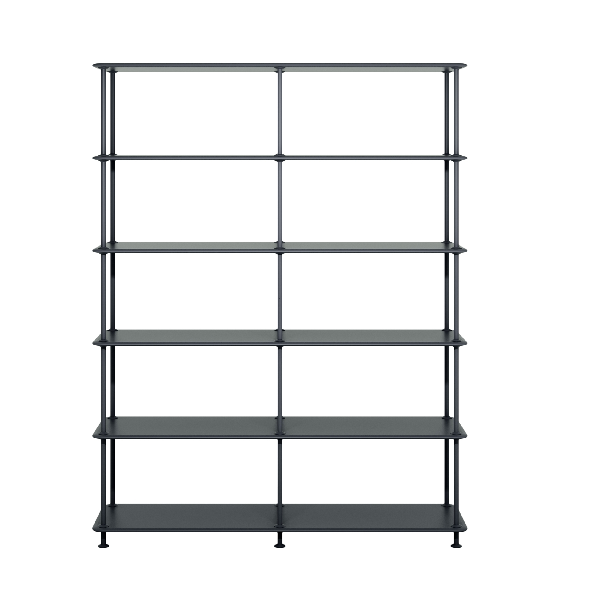 Schwarzes Montana Free Regal mit sechs Fächern, modernes Design für Wohnzimmer und Büro.