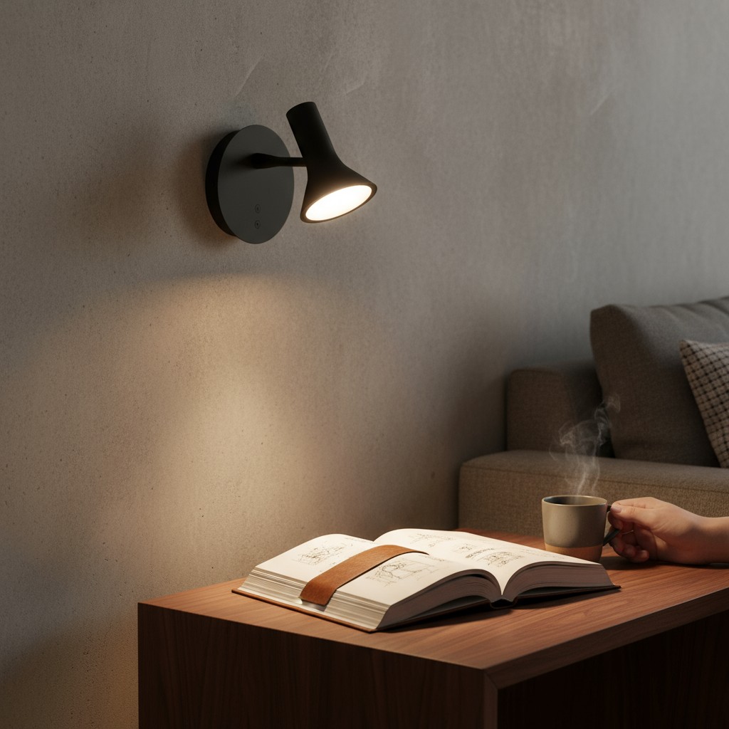 Asha Wandleuchte von ligne roset über Nachttisch mit Buch und Tasse, modernes Design, schwarz.