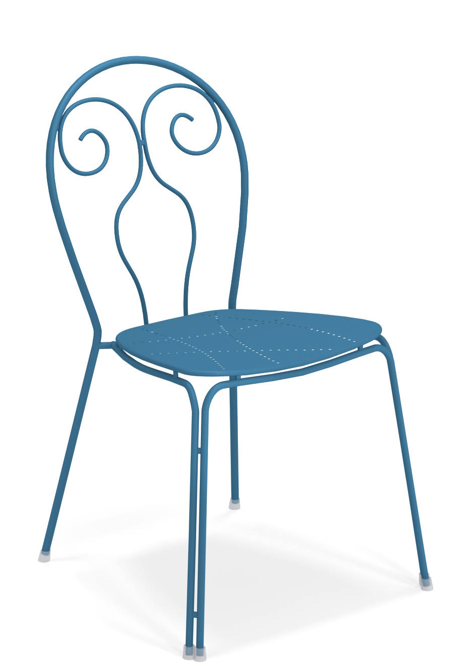 Caprera Stuhl von Emu, blauer Metallstuhl für den Garten oder die Terrasse, modernes Design.
