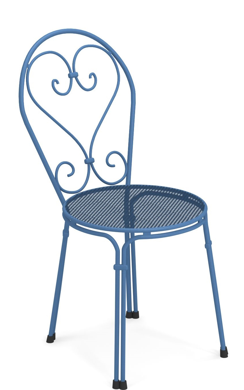Blauer Pigalle Stuhl von Emu für den Außenbereich, Metallstuhl mit herzförmiger Rückenlehne und rundem Sitz.