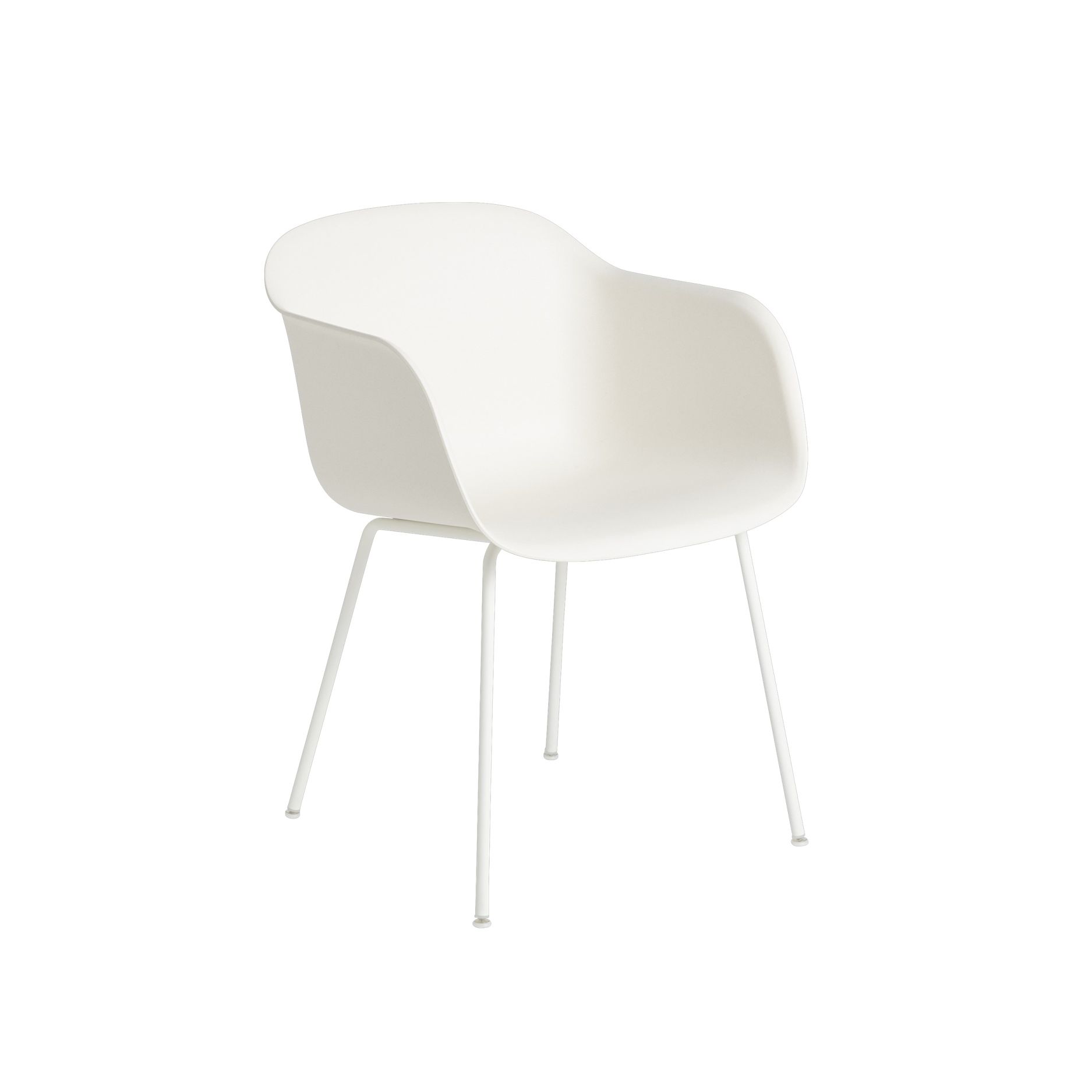 Weißer Fiber Armchair von Muuto mit minimalistischem Design und Stahlrohrgestell für Esszimmer oder Büro.
