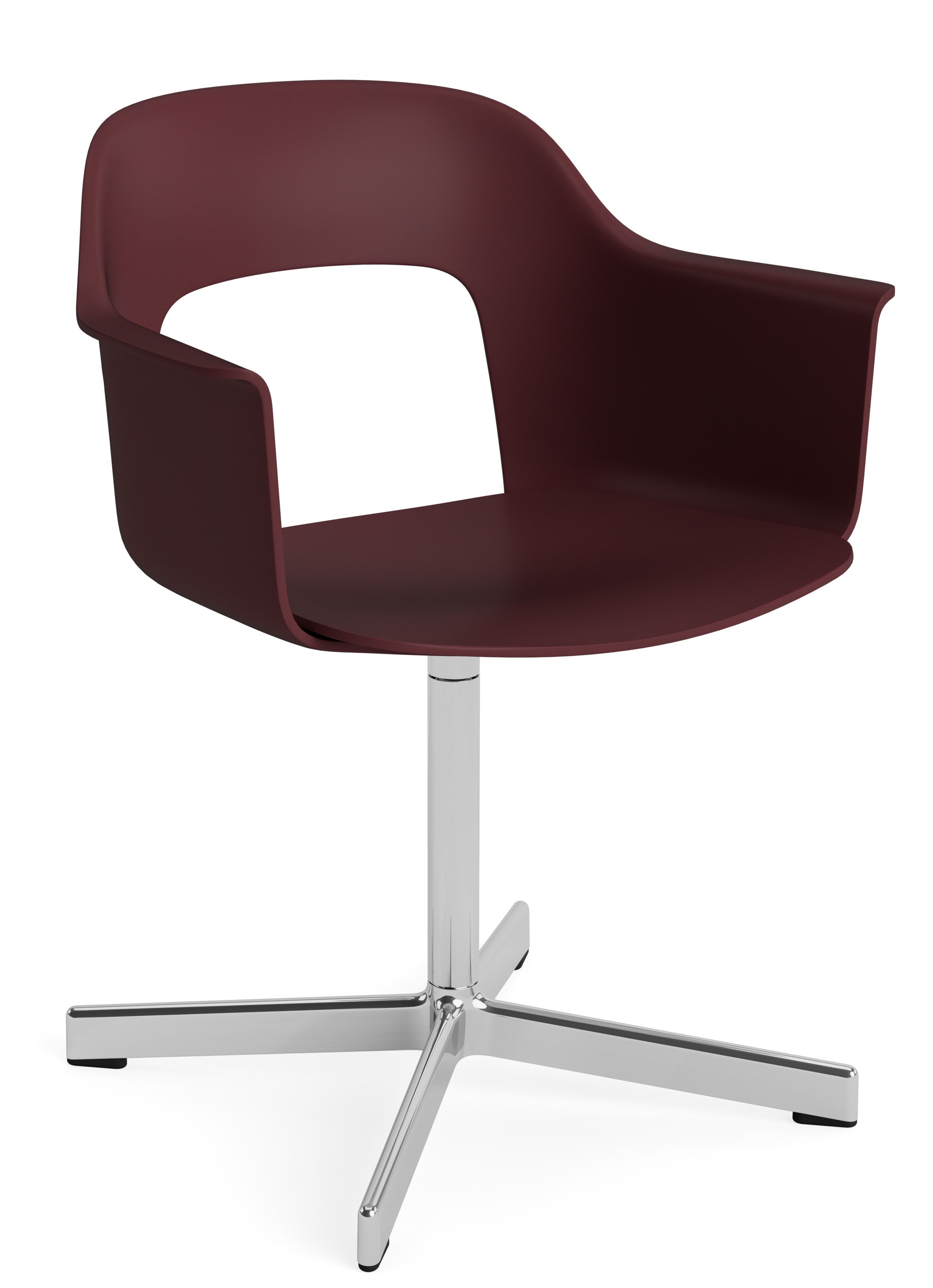 Layout Armchair 231 von Hay, bordeauxroter Bürostuhl mit Armlehnen und verchromtem Drehfuß für modernes Bürodesign.
