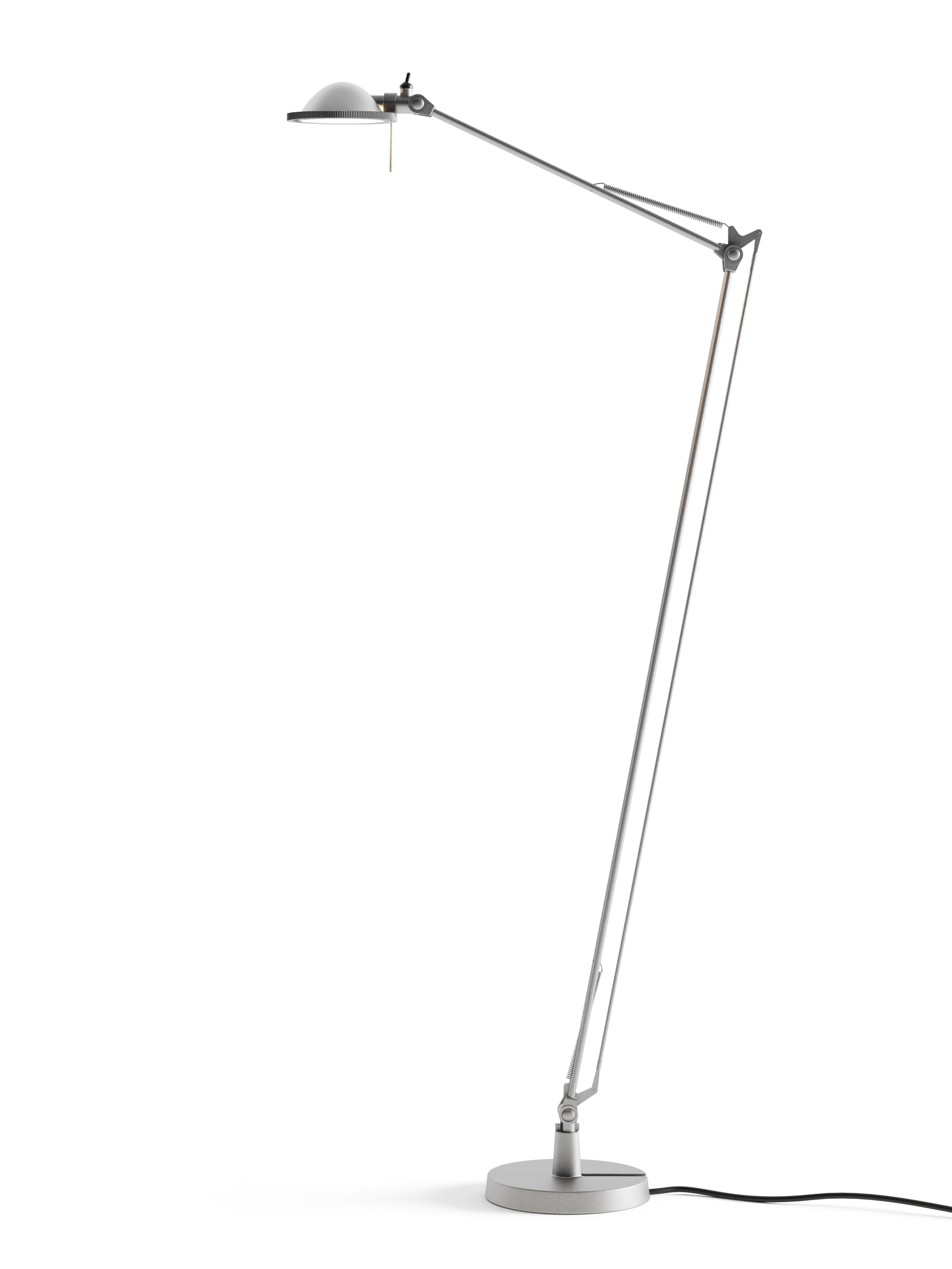 D12/5 Berenice Stehleuchte von Luceplan: Moderne, silberne Stehlampe mit verstellbarem Arm und Metallreflektor.