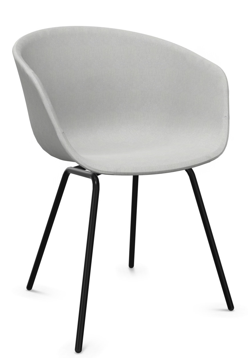 About A Chair AAC27 Stuhl, vollgepolstert, hellgrauer Stoffbezug, schwarzes Stahlgestell, modernes Design.