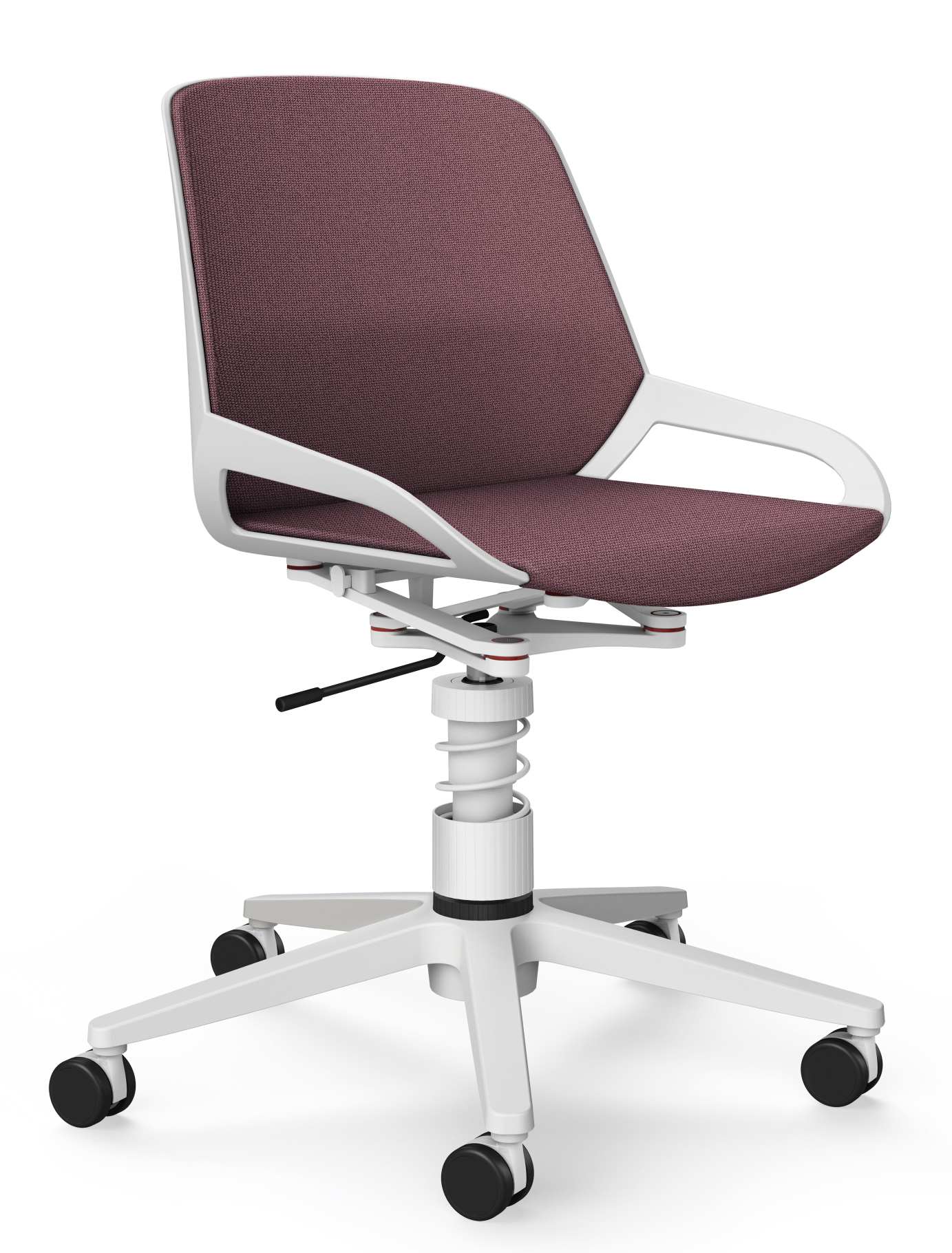 Numo Task Bürodrehstuhl von Aeris mit Federbein und Rollen, weißes Gestell, bordeauxroter Stoffbezug, ergonomisch und modern.