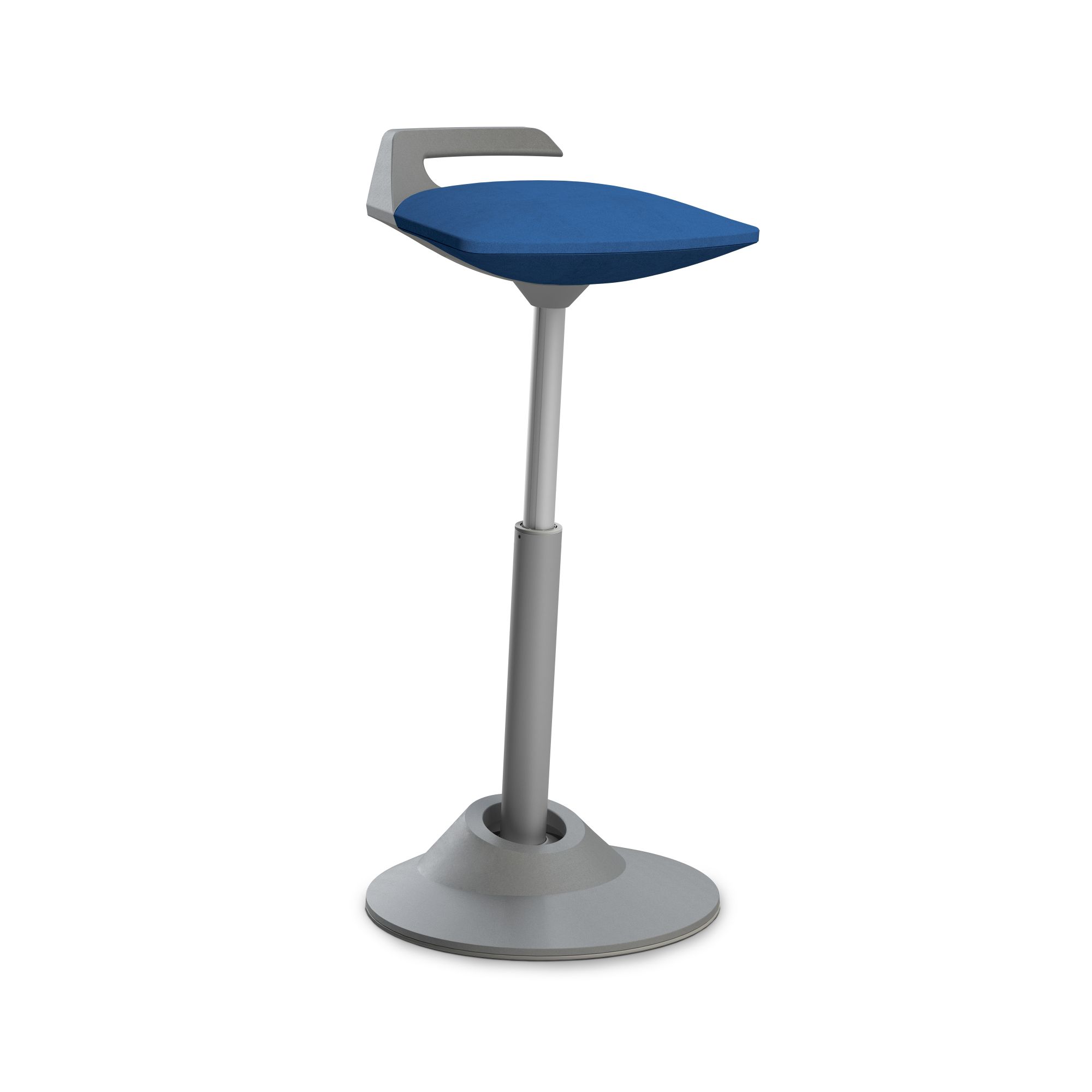 Blauer Stehhocker mit Rückenlehne, höhenverstellbar, für ergonomisches Sitzen im Büro und Homeoffice.