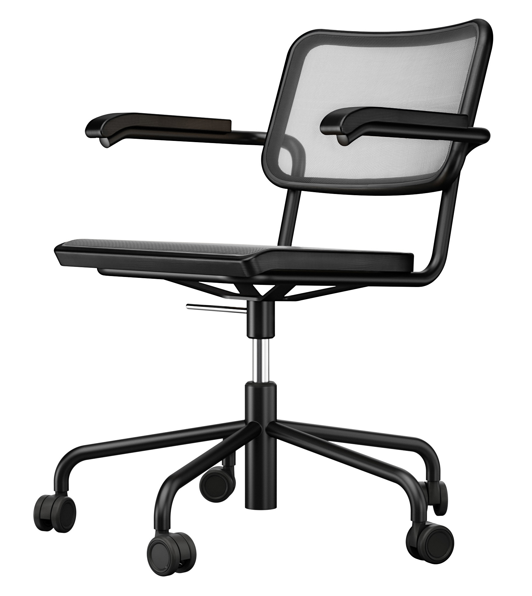 Schwarzer Thonet Drehstuhl S 64 NDR Atelier mit Armlehnen und Netzrücken, Bürostuhl für ergonomisches Sitzen.