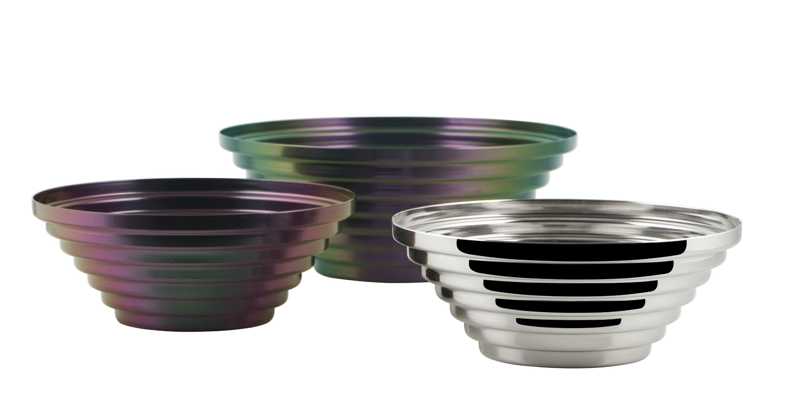 Alessi Maya Schale rund, grün-lila und silberfarben, dekorative Schale für Obst oder Snacks.
