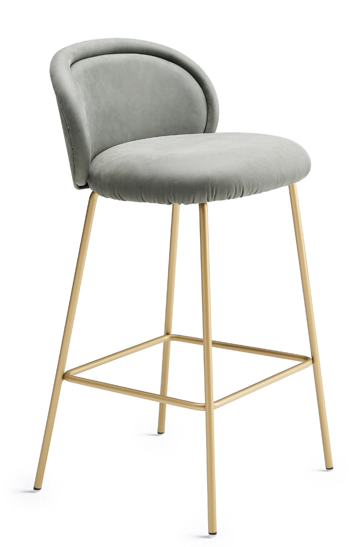 Ona Counterstool Barhocker von Freifrau Manufaktur mit grauem Samtbezug und goldenem Metallgestell.