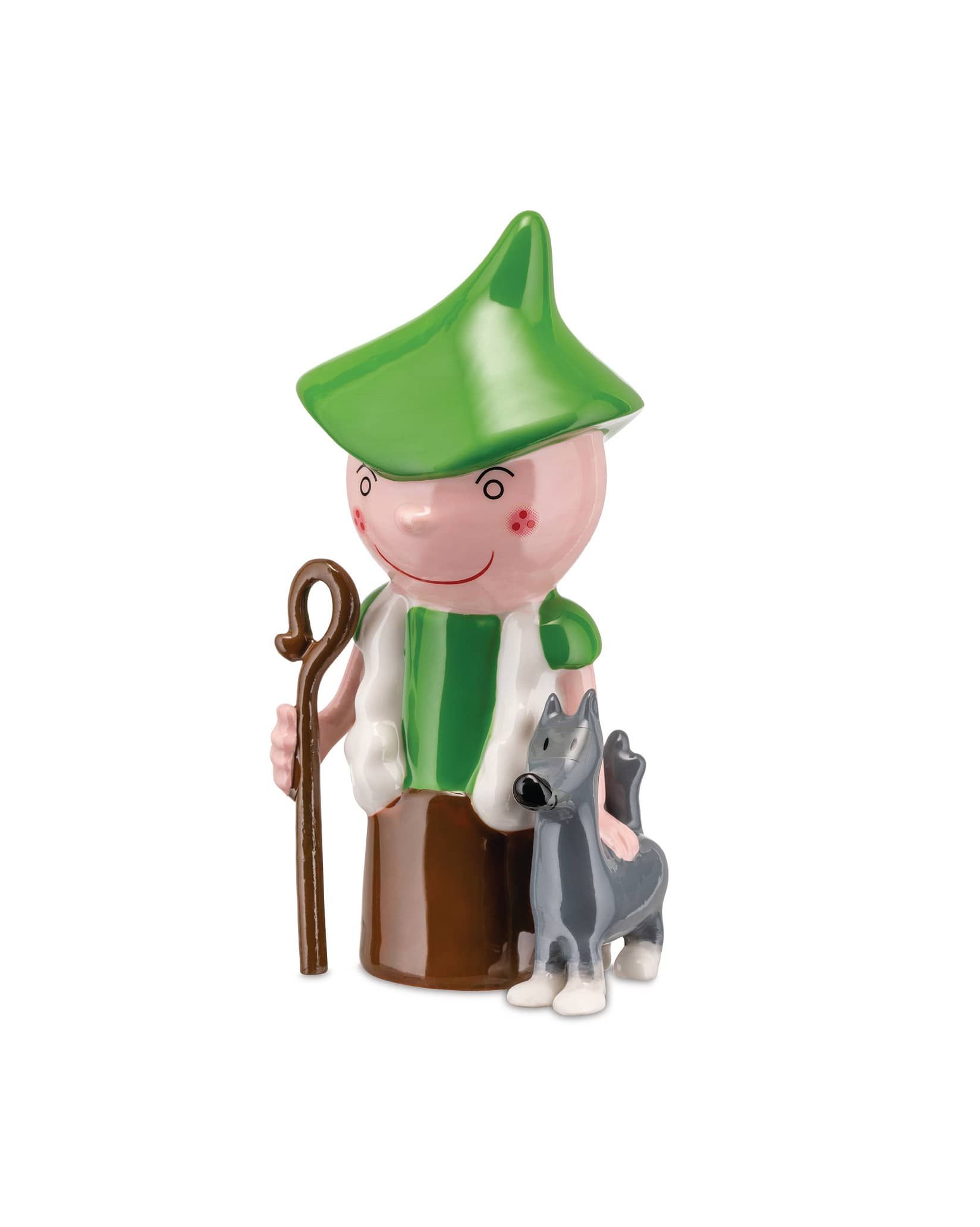 Alessi Pastorello Porzellanfigur eines Hirten mit grünem Hut und grauem Esel.