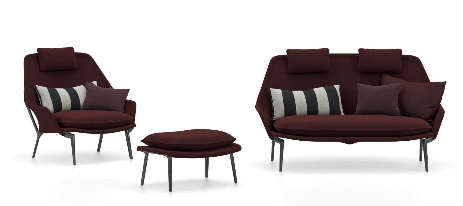 Vitra Slow Chair Sessel mit Ottoman und passendem Sofa in bordeauxrotem Stoffbezug.