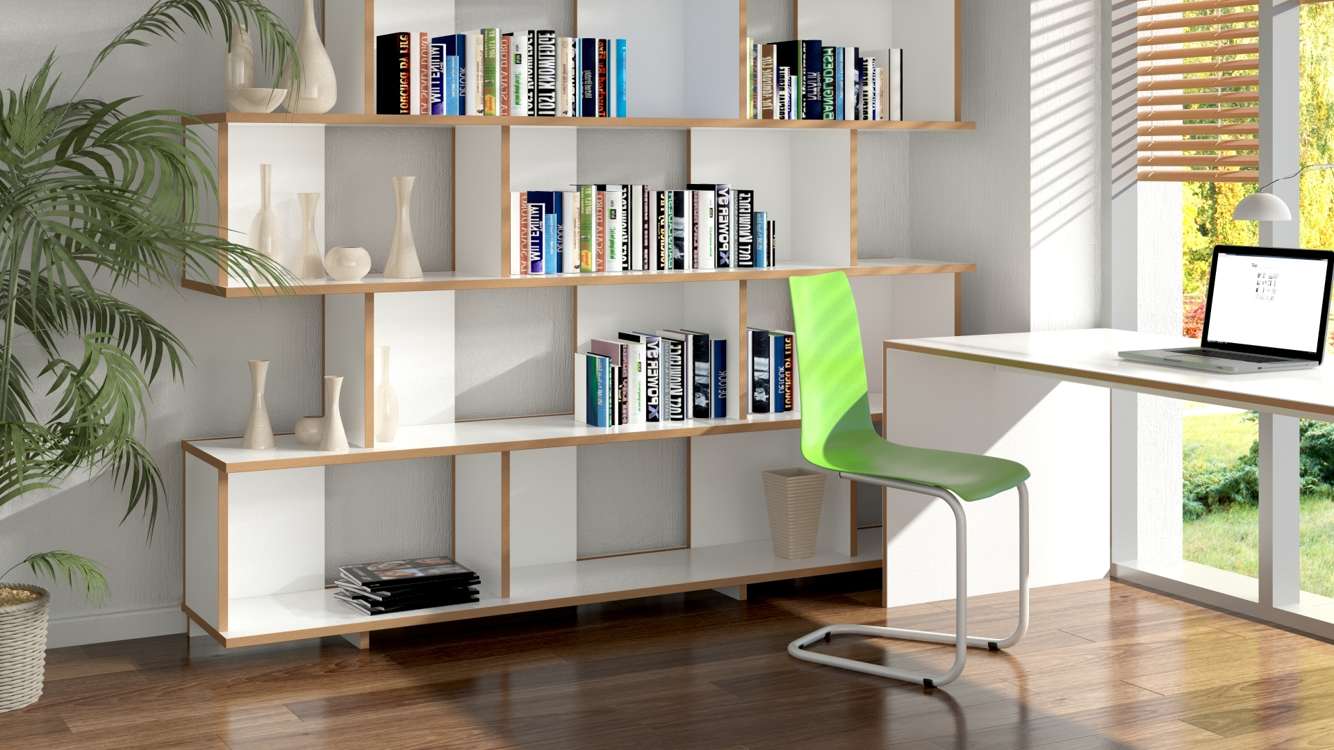 Modernes Tojo Stell Regal Anbaumodul, weißes Bücherregal mit Fächern und Dekoration im hellen Wohnzimmer.
