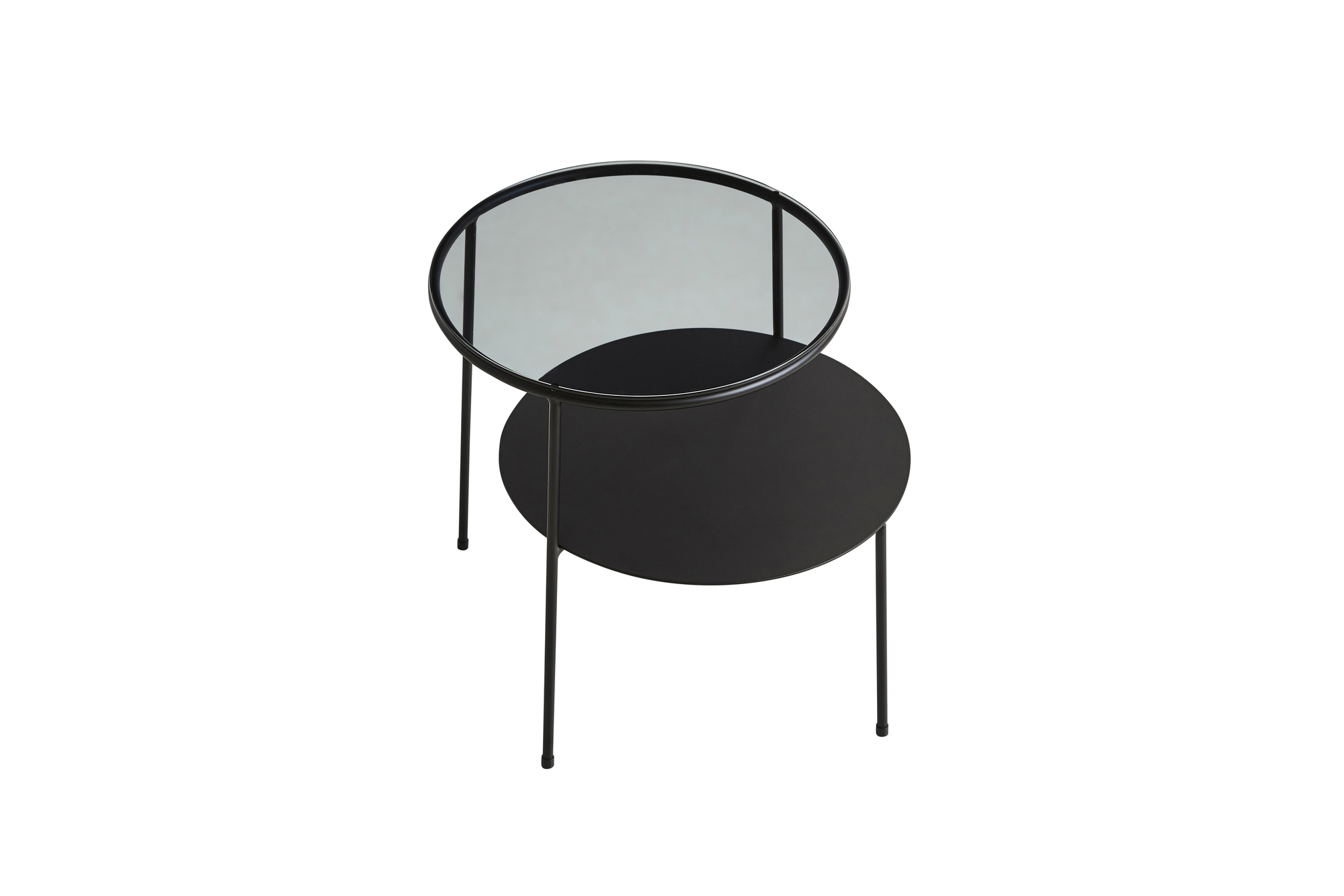 Duo Beistelltisch in Schwarz mit Rauchglasplatte, runder Couchtisch für Wohnzimmer und Lounge.